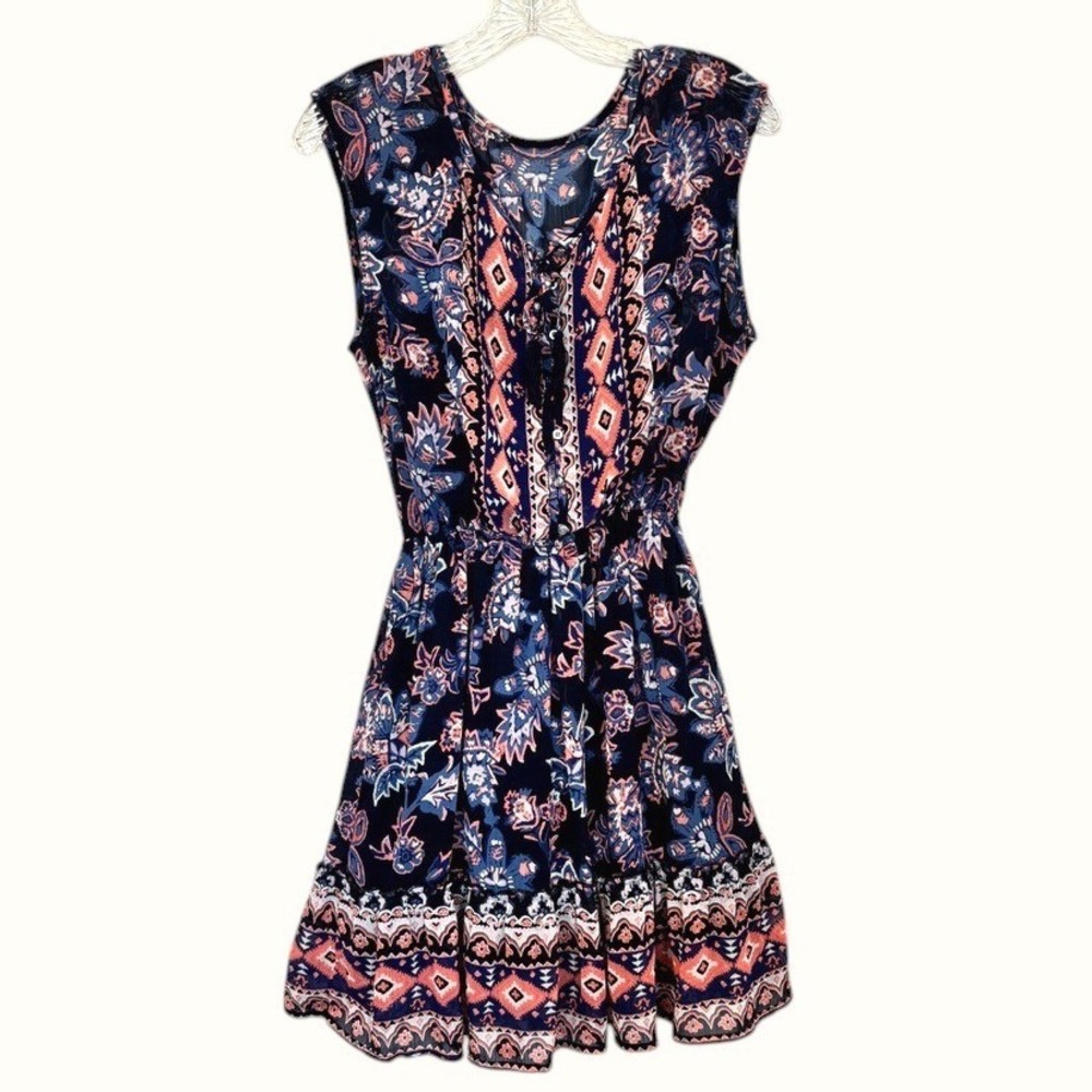 Hollister Navy Paisley Boho Fit Flare Mini Dress Sz M Tassel Tie Border Hem